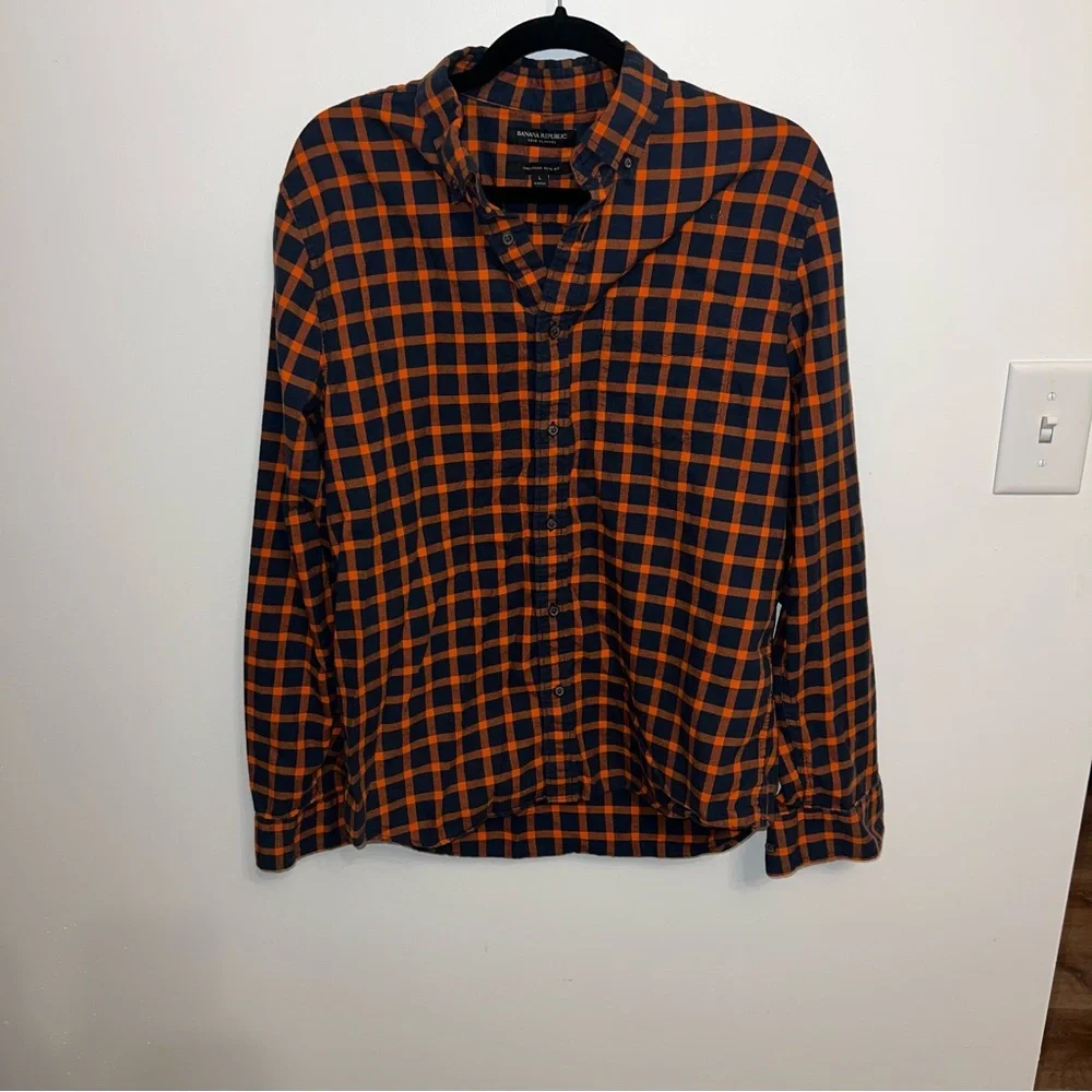 Banana Republic UNTUCKED SLIM-FIT FLANNEL SHIRT orange plaid size large